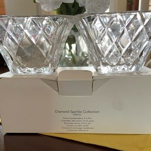 NIB Pair of Mikasa Diamond Fire Crystal Votive 4" Candleholders with Candles